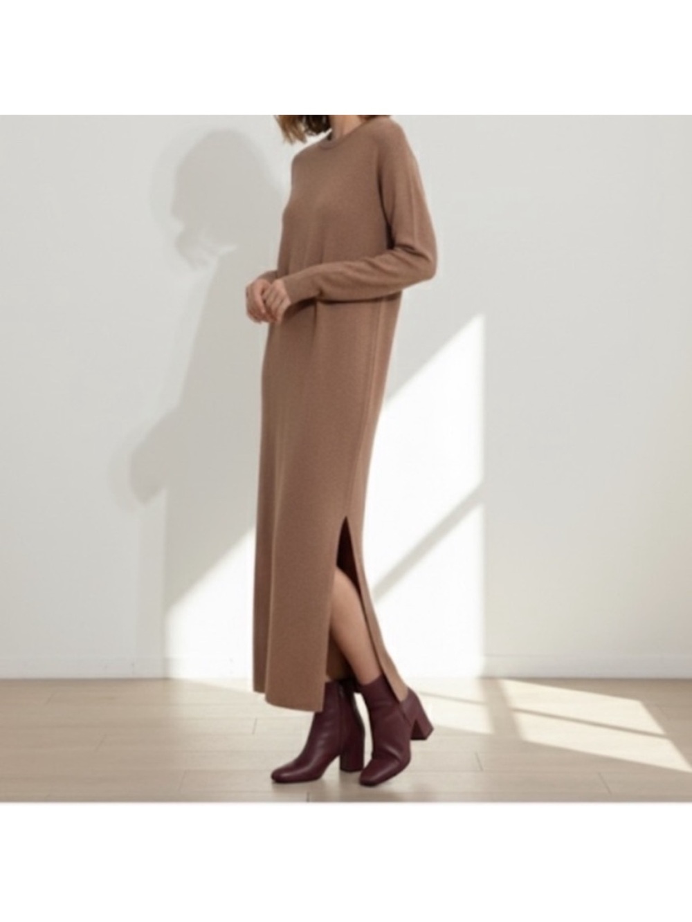 Anine Bing Midi Dress Size XS Knit Tan Longsleeve Side Slits